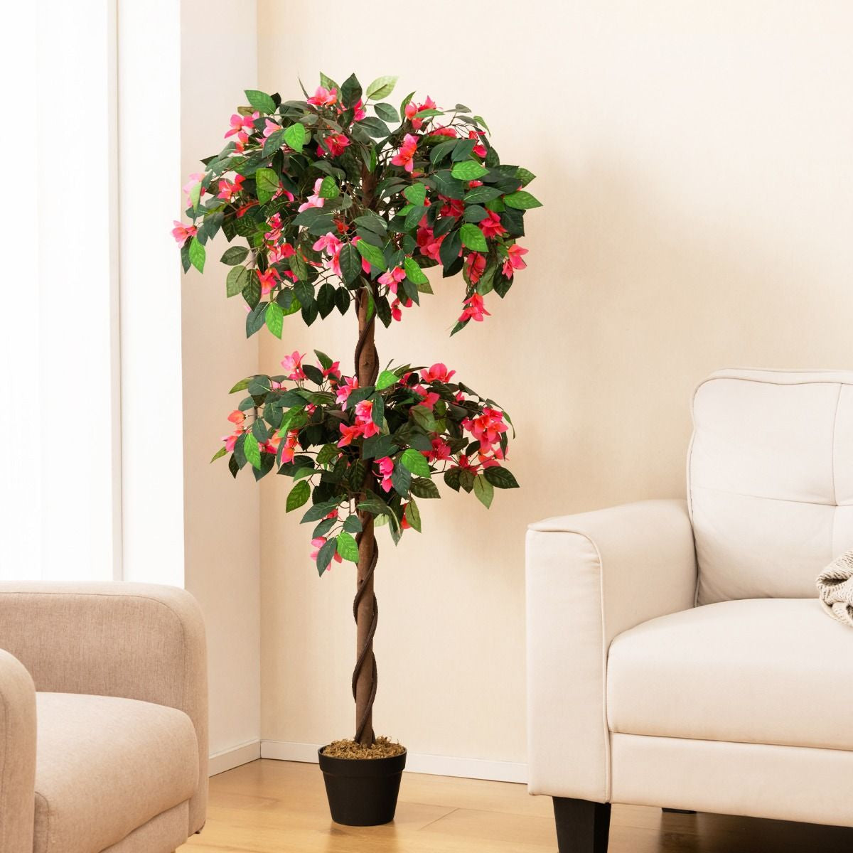 140 CM Artificial Bougainvillea Tree with 252 Flowers and 630 Leaves and Real Wood Trunk