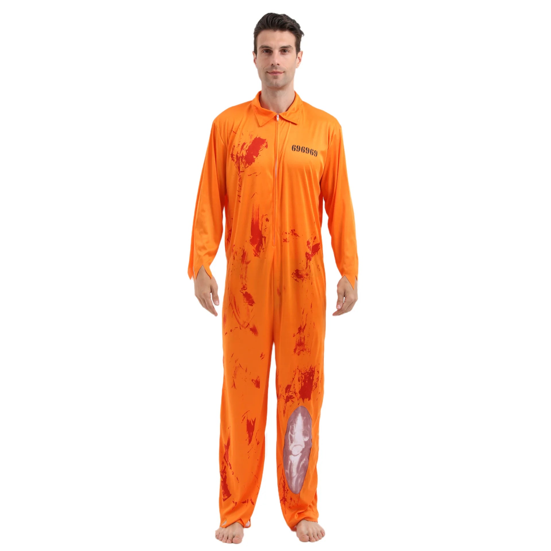 Adult Zombie Prisoner Costume Men Bloody Dead Convict Scary Halloween Costume Yellow Jumpsuit Fancy Dress Outfit