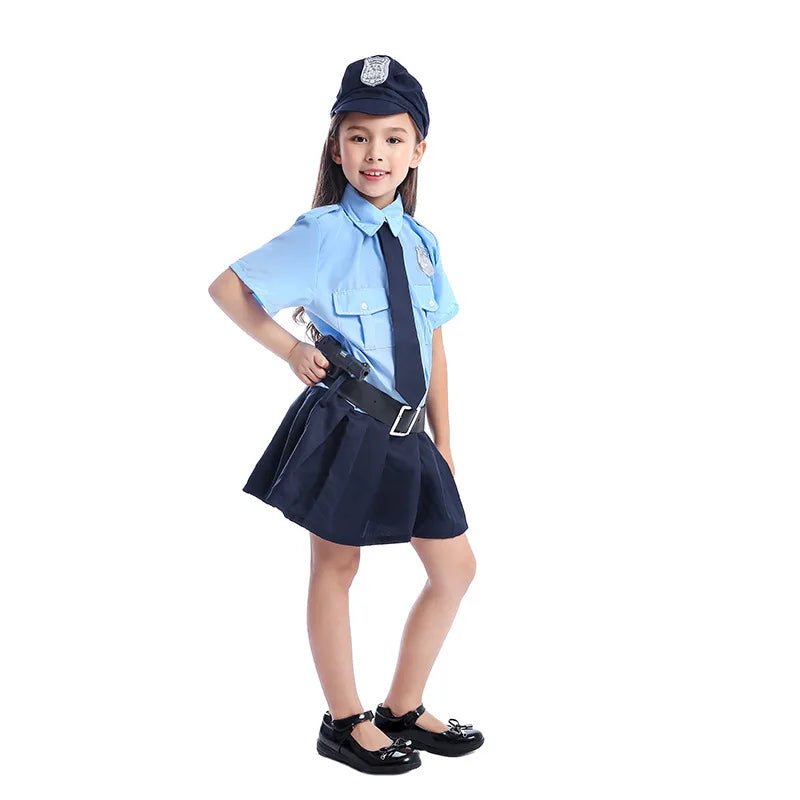 Girls Halloween Cop Police Officer Costume Kids Child Role-Playing Cosplay Policeman Uniform Party Fancy Dress