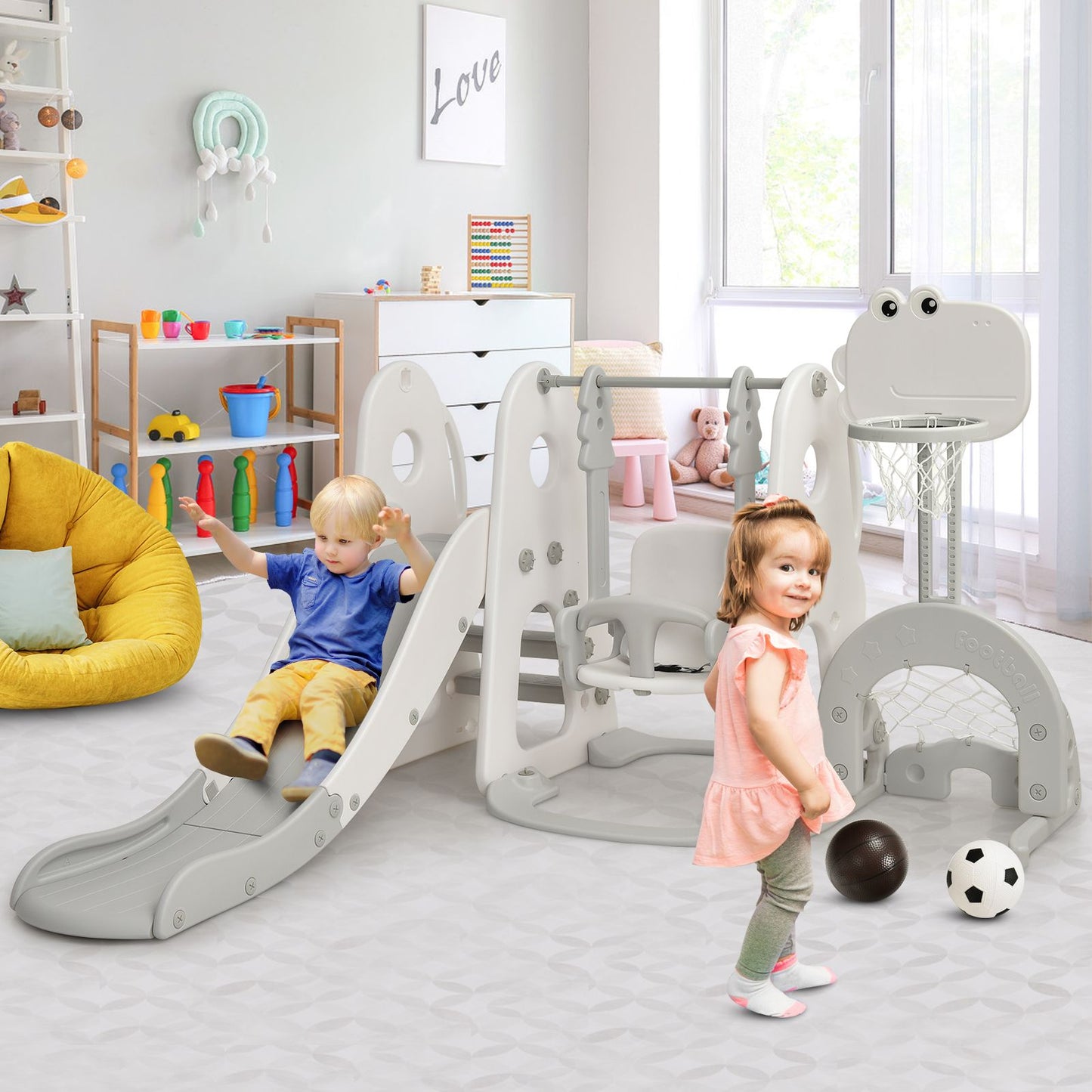 6 in 1 Toddler Slide and Swing Set with Adjustable Basketball Hoop for Indoor