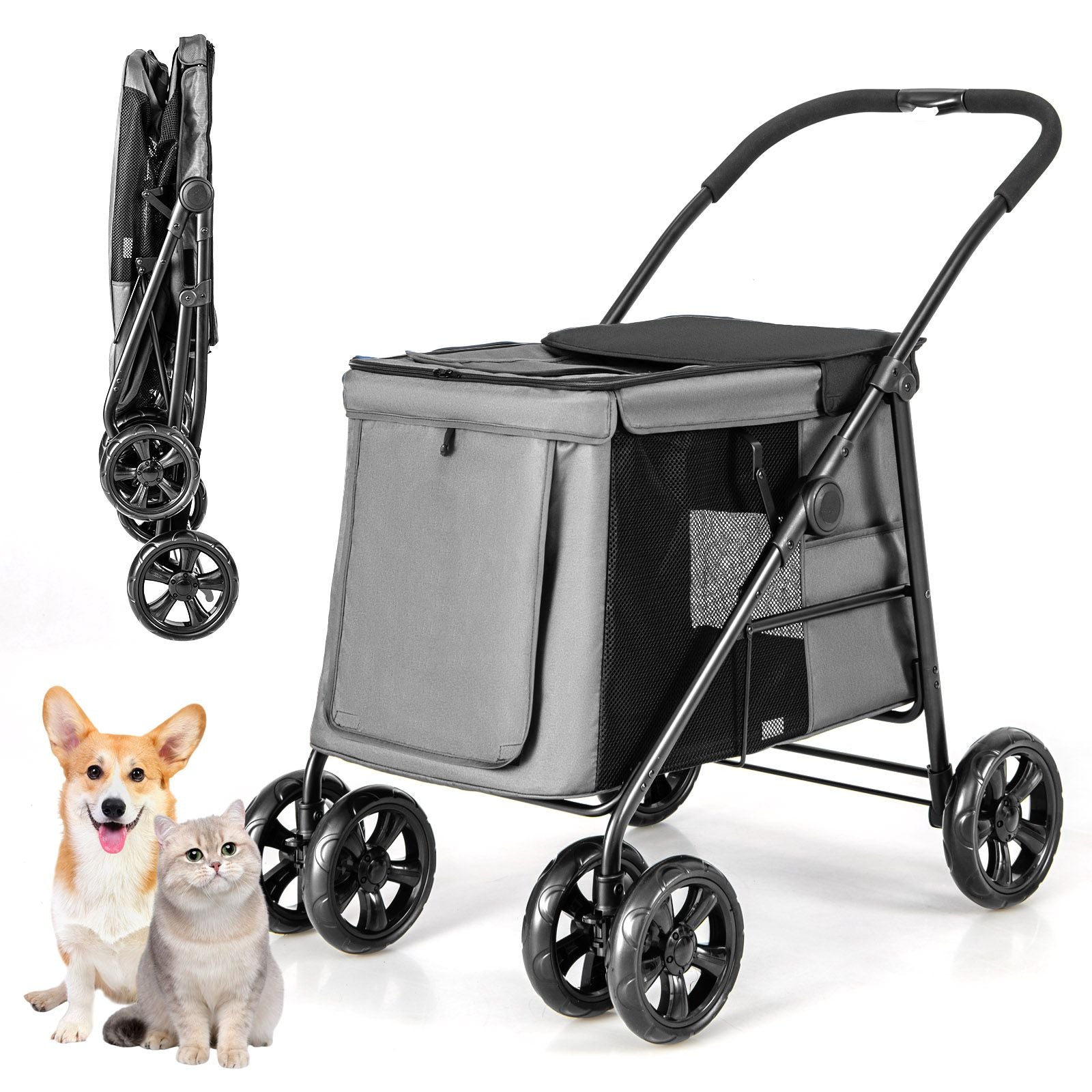 Folding Pet Stroller with Pockets and Skylight for Small Medium Pets