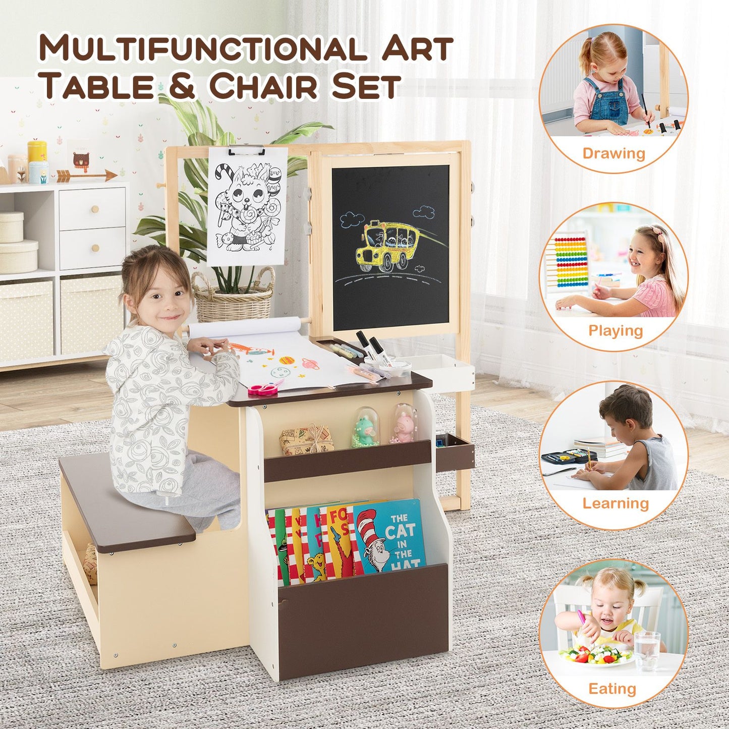 Kids Art Easel Table and Bench Set with Adjustable Easel and Bookshelf