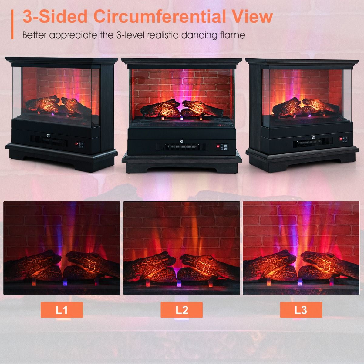 2000W Electric Fireplace Heater with 3-Level Vivid Flame