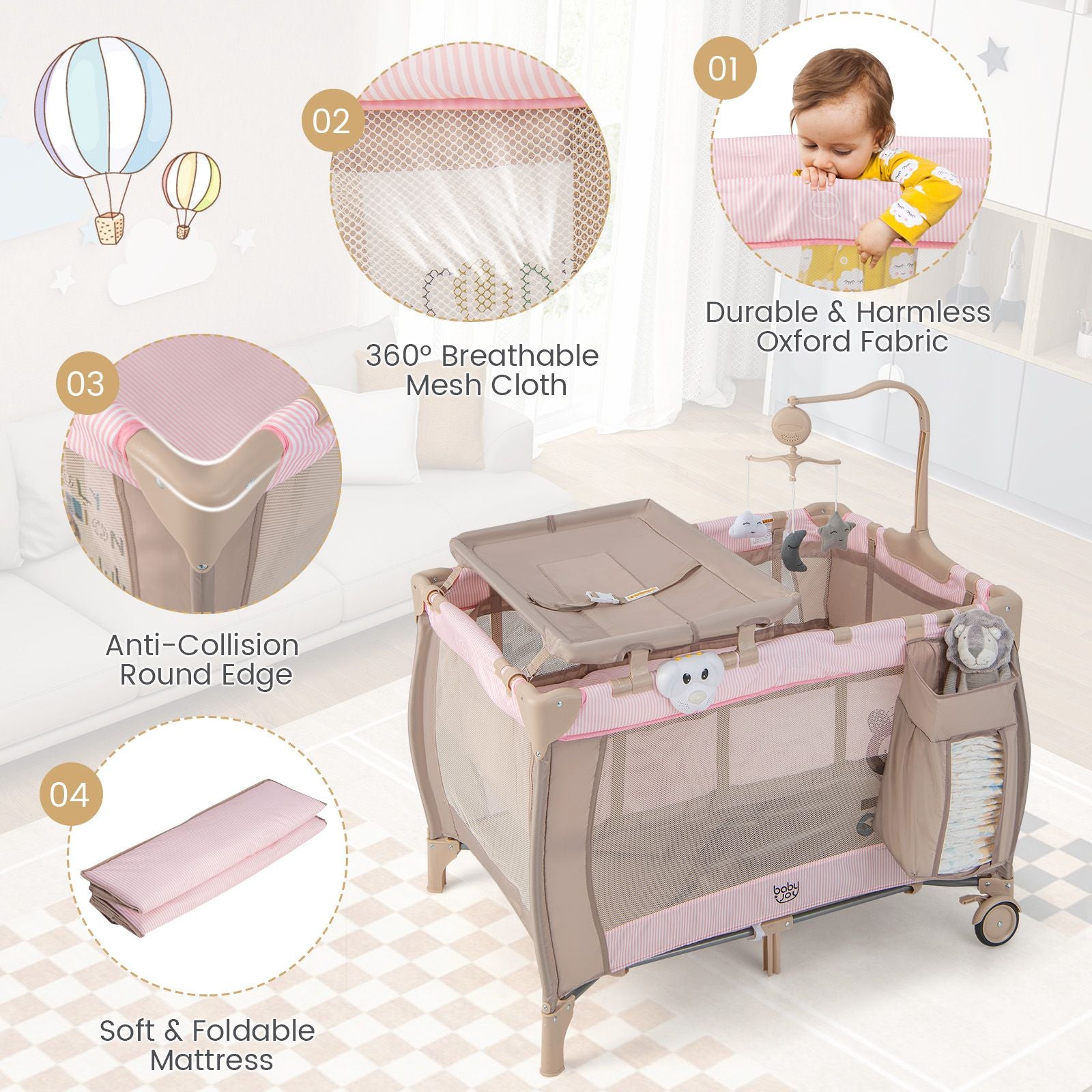 3-In-1 Multifunctional Foldable Baby Bassinet with Carry Bag and Wheels