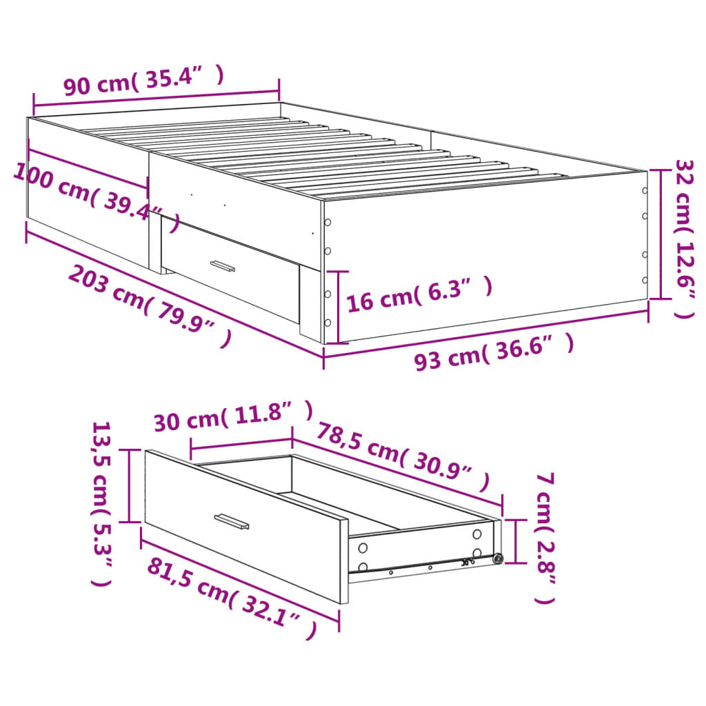 vidaXL Bed Frame with Drawers without Mattress Black 90x200 cm