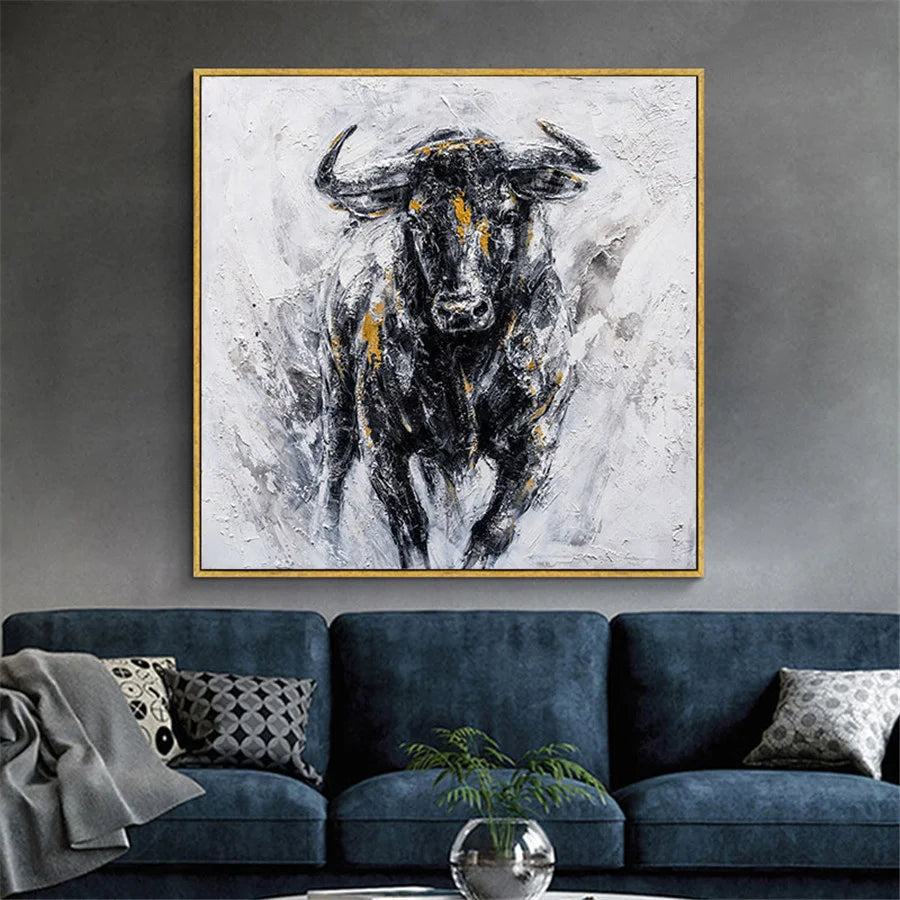 100% Hand Painted Bullfighting Canvas Oil Painting Black Strong Bull Wall Art Modern Abstract Paintings Pop Art Picture Office