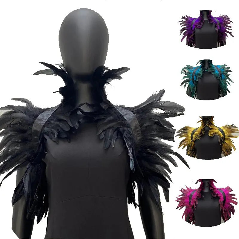 New Punk Gothic Costume Feather Cape Natural Feather Shrug Shawl for Women Halloween Cosplay Rave Party Props Stage Show Costume