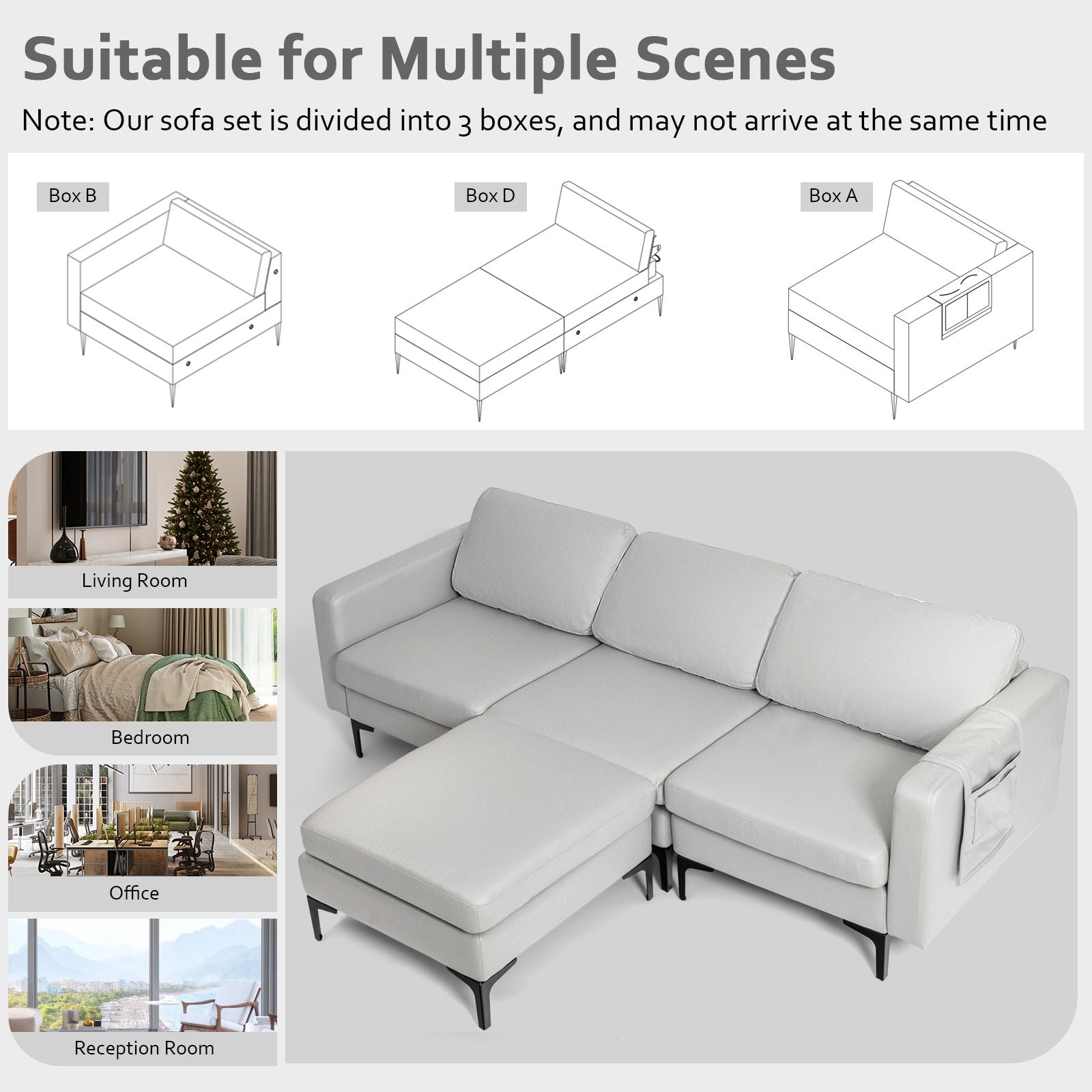 Modular L-Shaped Sofa with Chaise, Reversible Ottoman, Built-In Socket