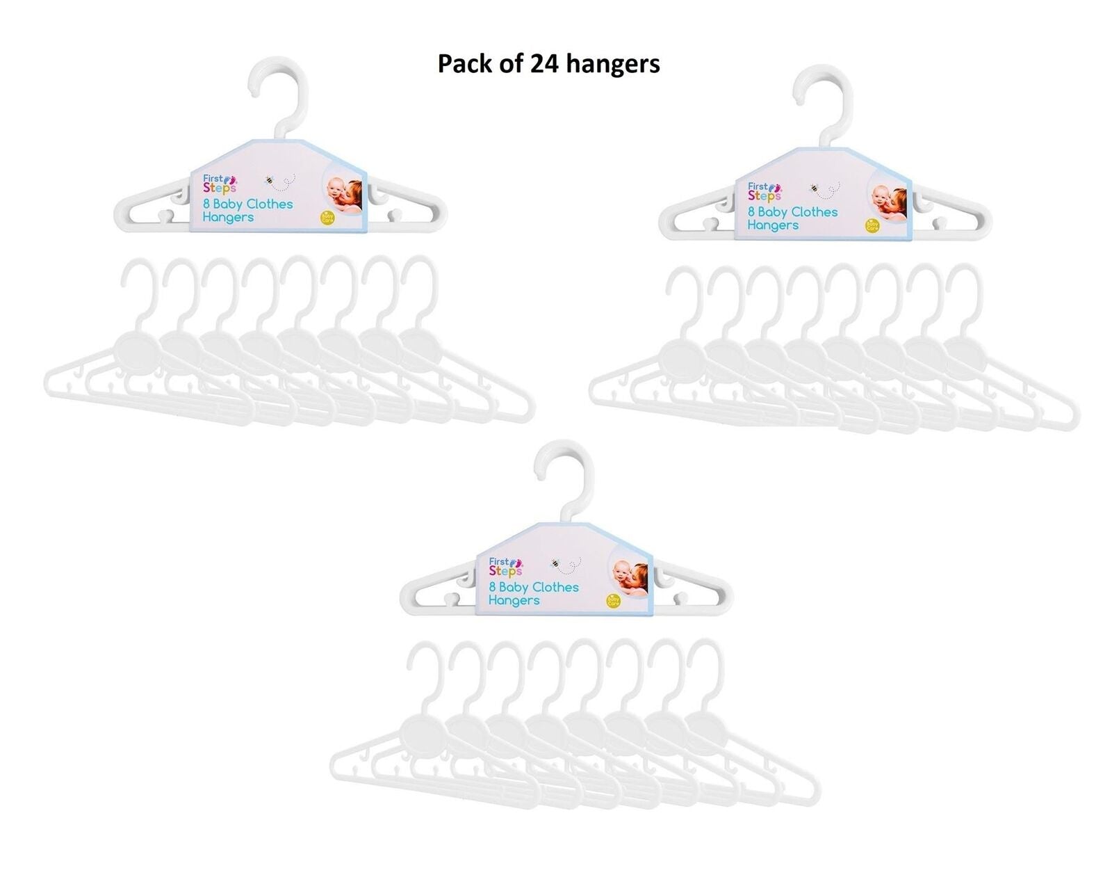 FIRST STEPS BABY CLOTHES HANGERS 8/PK WHITE BABY TODDLER KIDS X3