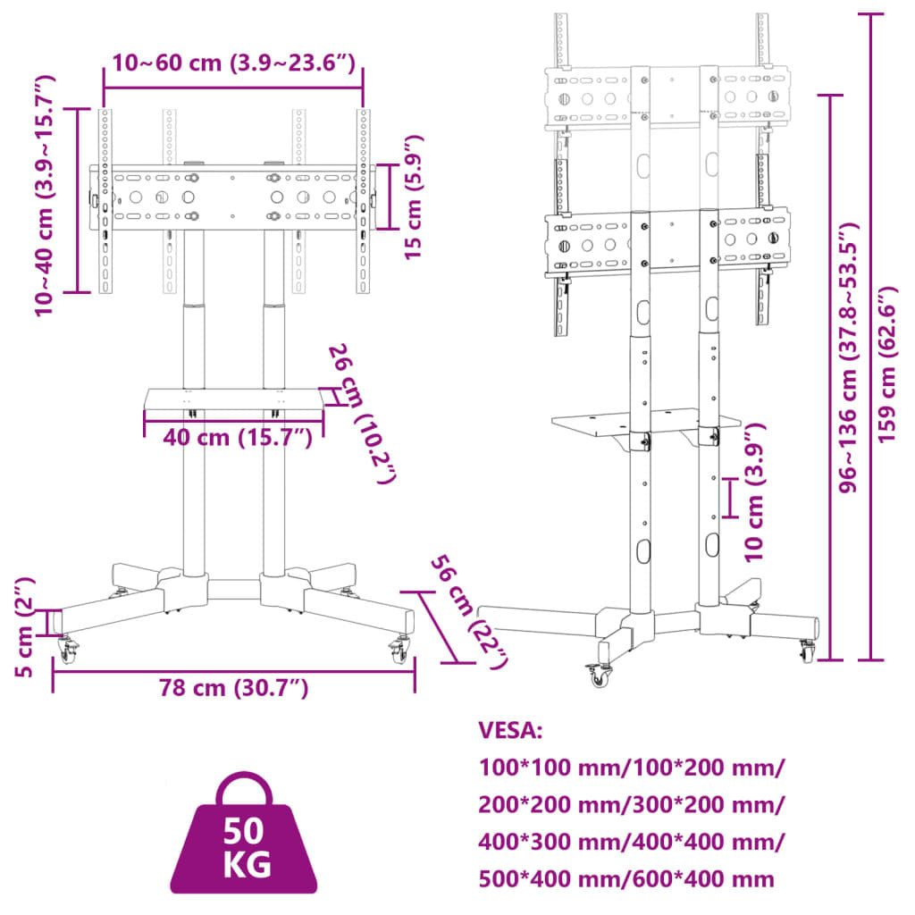 vidaXL TV Stand on Wheels 32-70 Inch Screen Max VESA 600x400 mm 50kg