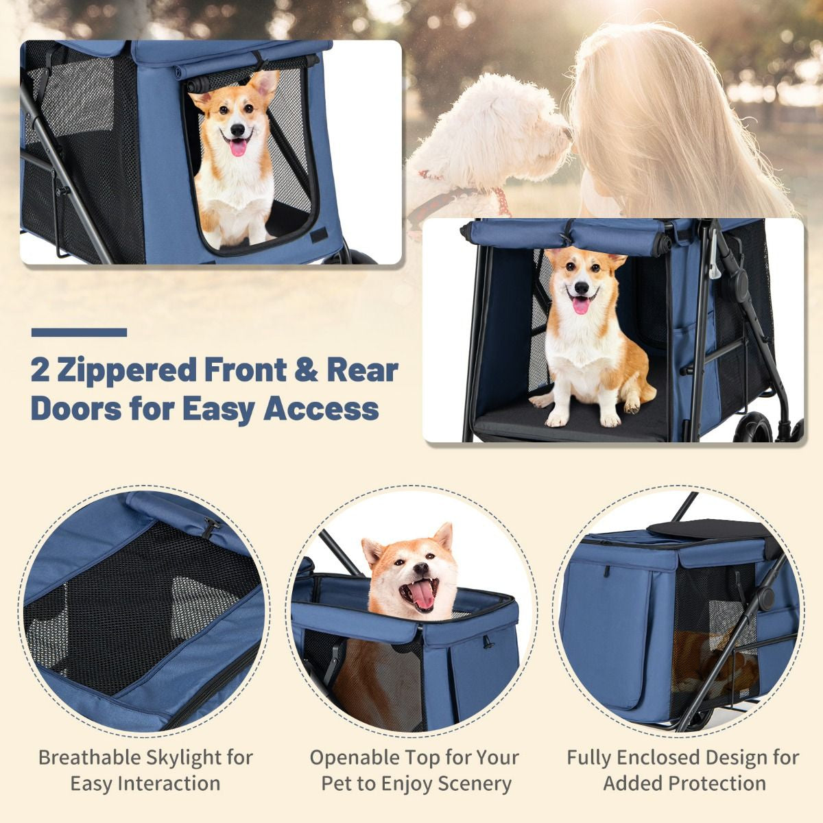 Folding Pet Stroller with Pockets and Skylight for Small Medium Pets