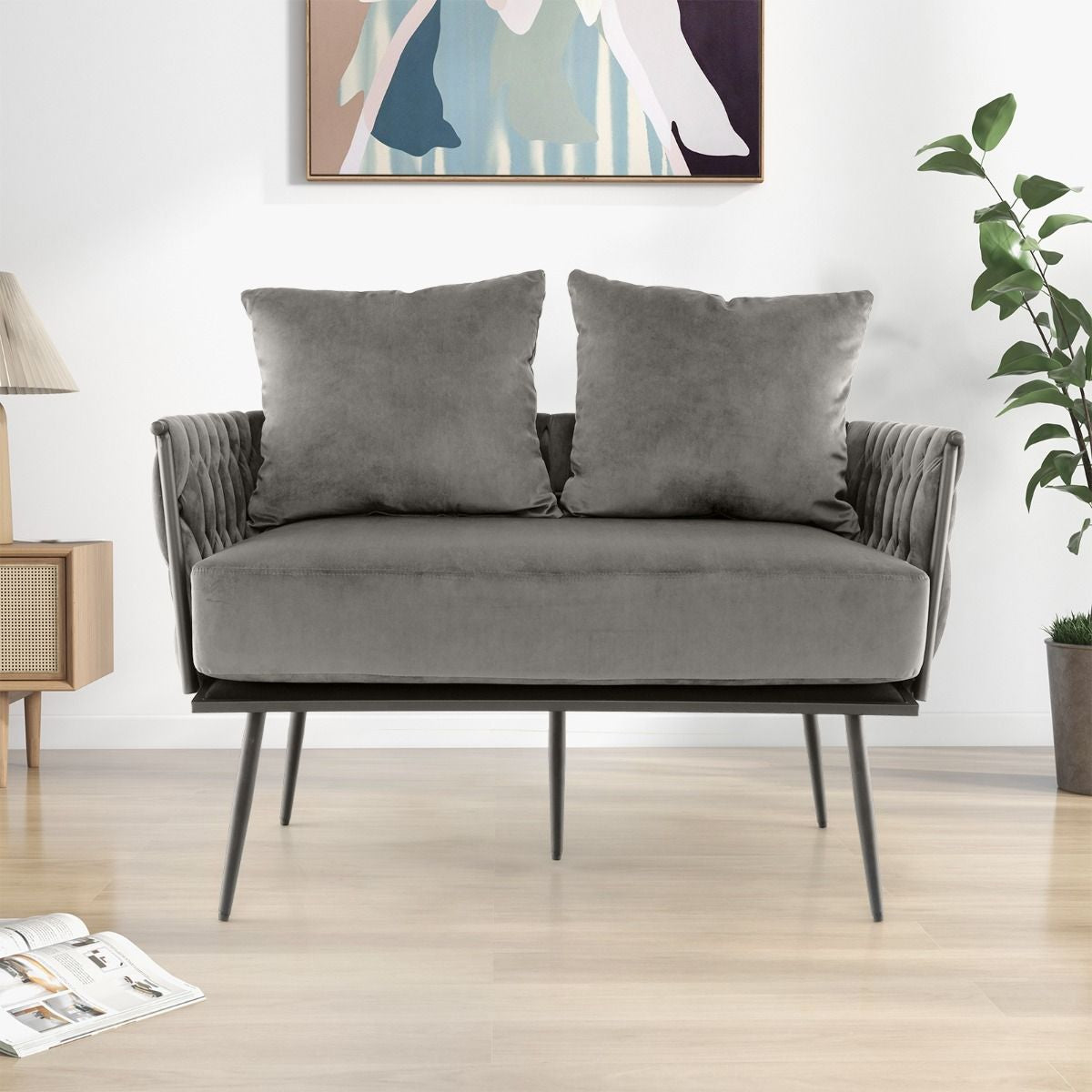 Modern Loveseat Sofa with Woven Back and Arms