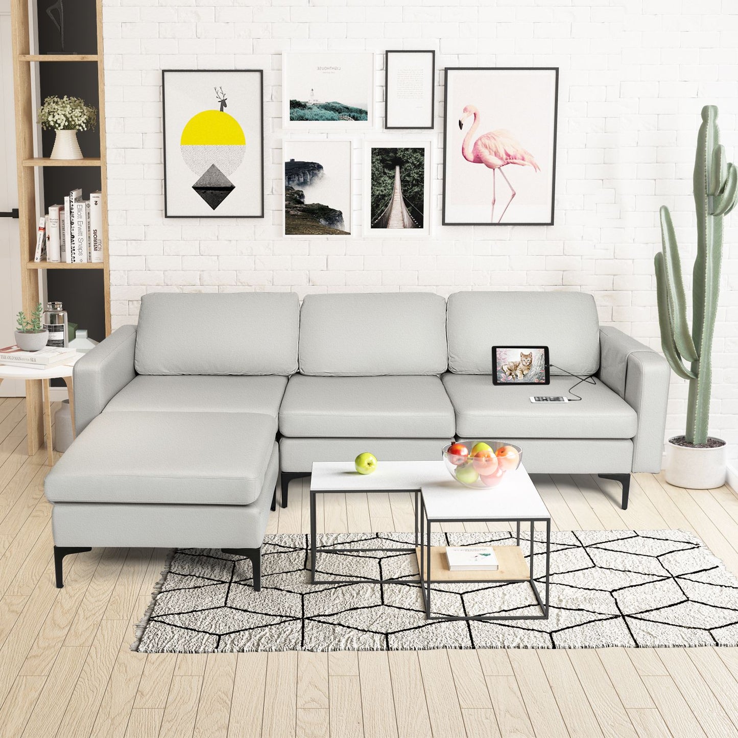 Modular L-Shaped Sofa with Chaise, Reversible Ottoman, Built-In Socket