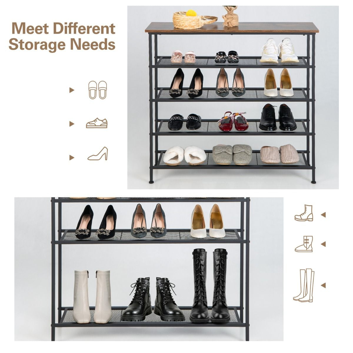 5-Tier Shoe Storage Rack with Metal Mesh Shelves and Wooden Top