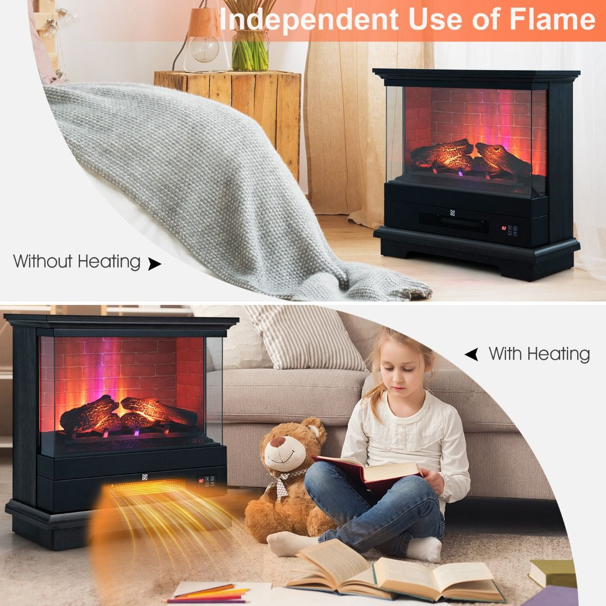 2000W Electric Fireplace Heater with 3-Level Vivid Flame