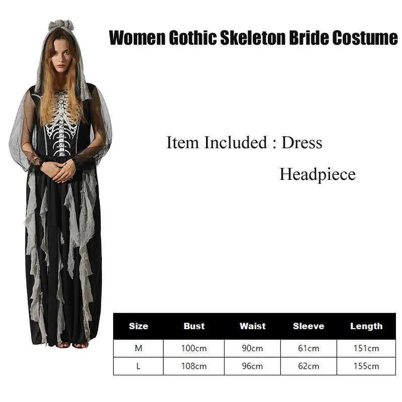 Women Gothic Skeleton Bride Costume Girl Corpse Bride Costumes Scary Skeleton Halloween Costume 2020 New Arrival