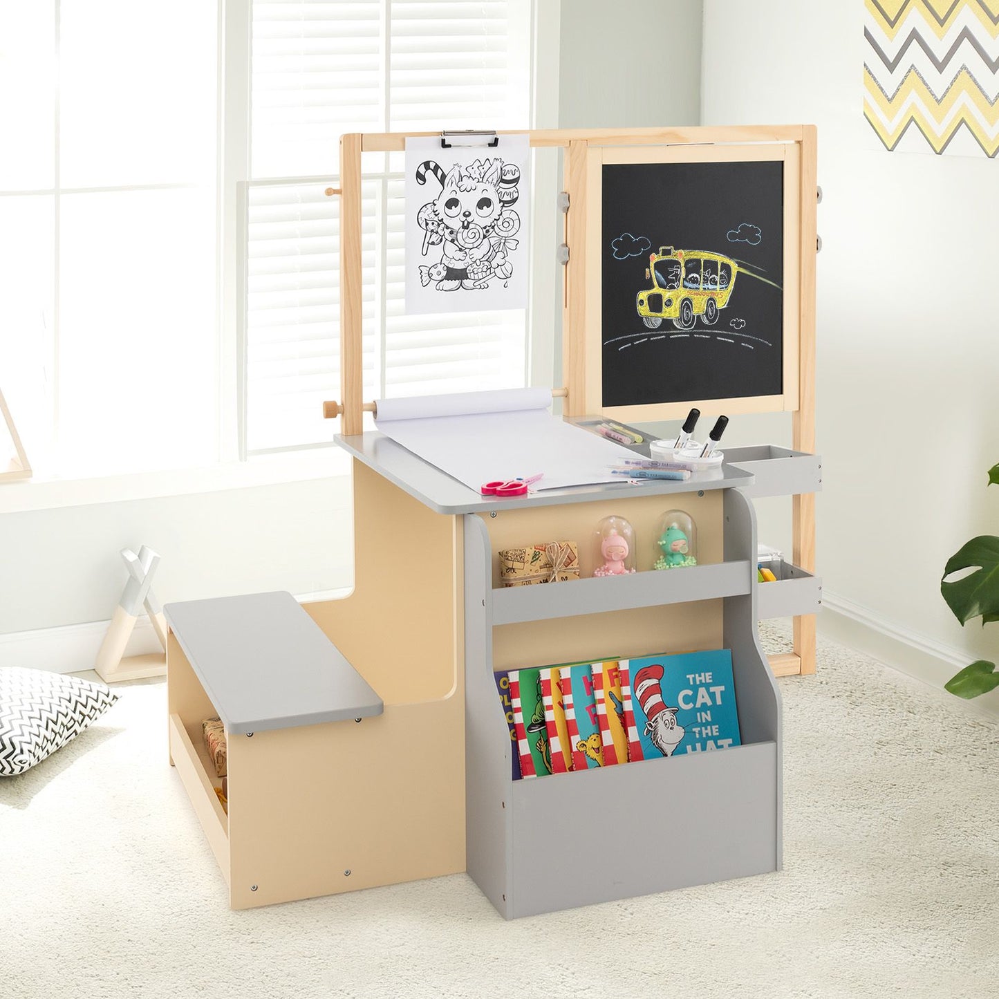 Kids Art Easel Table and Bench Set with Adjustable Easel and Bookshelf