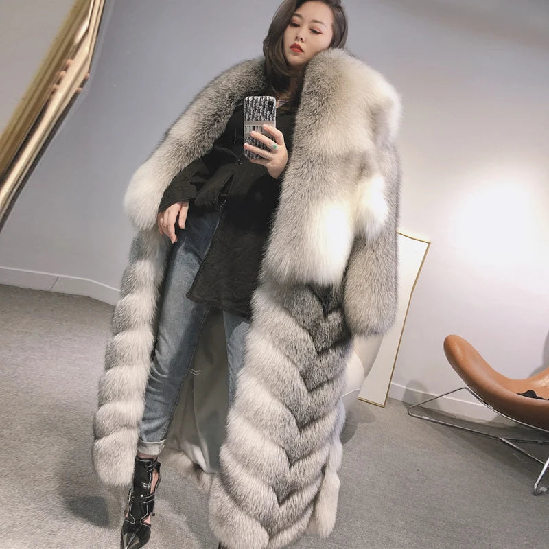 Ladies Long Fur Coat Hooded Women Real Fox Fur Jacket Long New Arrival Long Fur Coat 22-09