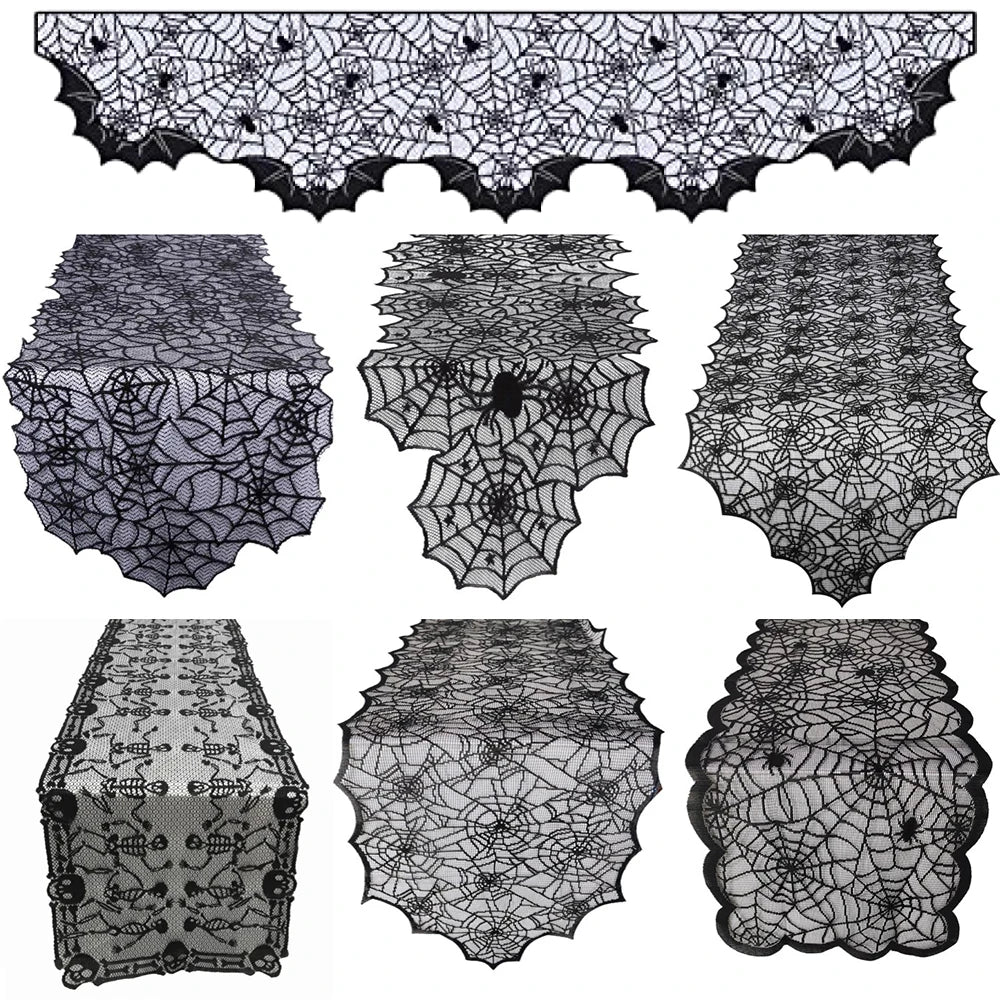 Halloween Lace Spider Web Table Runner Tablecloth Halloween Black Fireplace Mantel Cover for Home Party Halloween Decoration