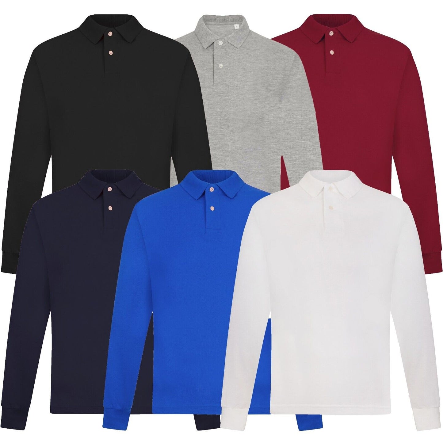 Mens Long Sleeve Polo Shirt Casual Top 2 Button Collared Pique Lightweight