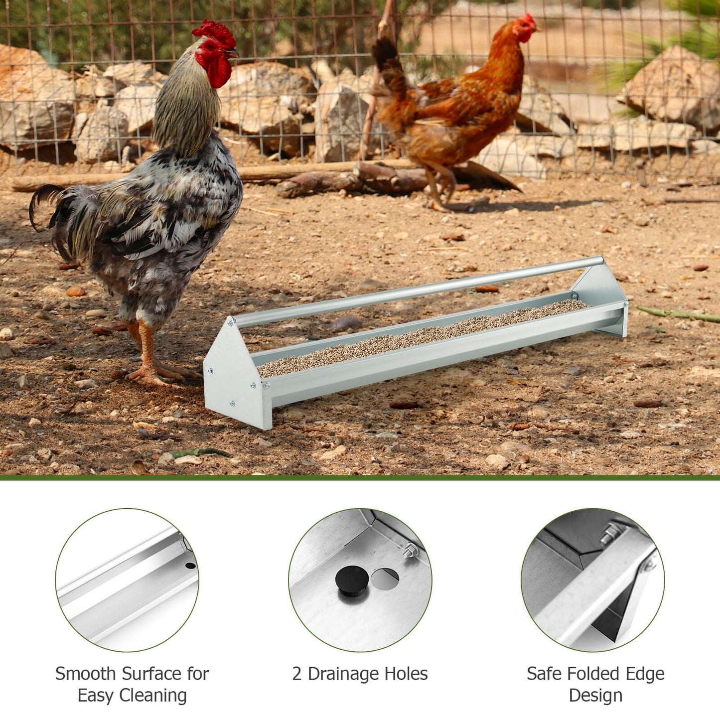 Steel Chicken Feeding Trough with Crossbar and Drainage Holes