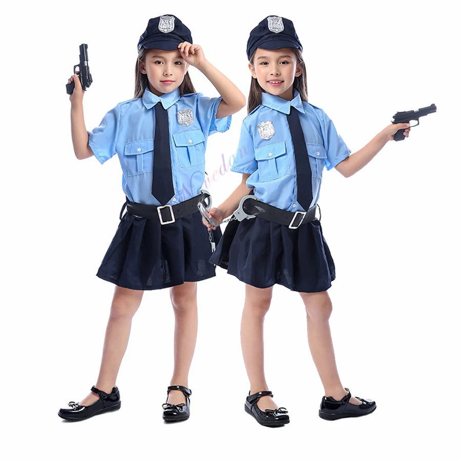 Girls Halloween Cop Police Officer Costume Kids Child Role-Playing Cosplay Policeman Uniform Party Fancy Dress