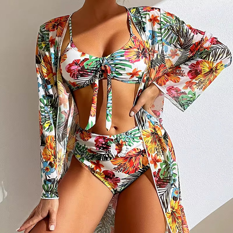 Swimming Suit Long Sleeved Top Split Three Piece Set with Printed Sexy Swimsuit for WOMEN'S Bikini New Bikini