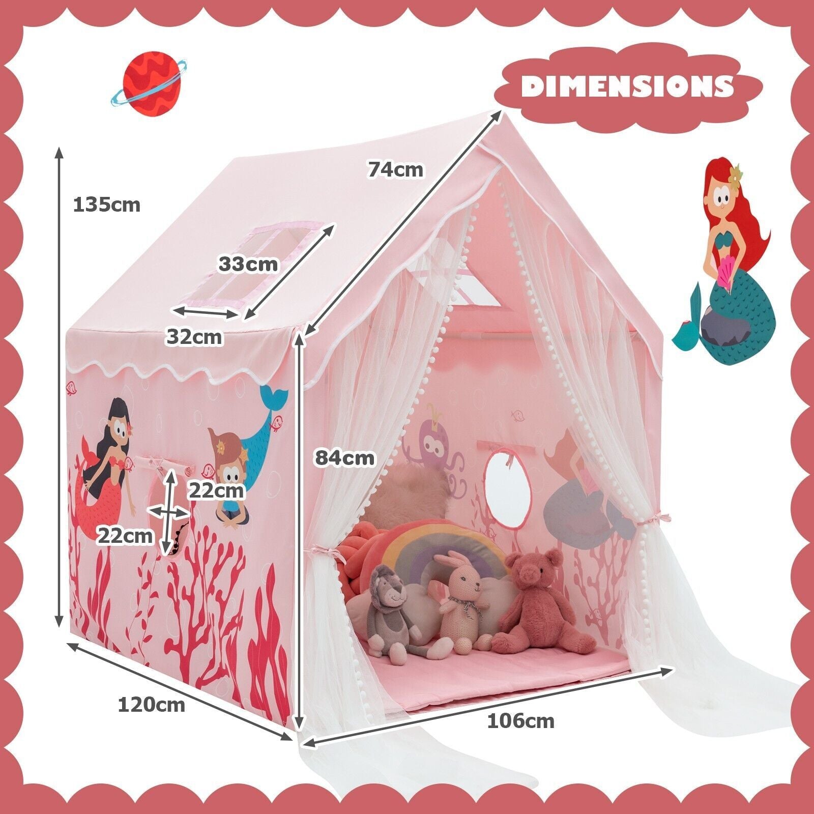 Kids Play Tent with Washable Mat and Windows