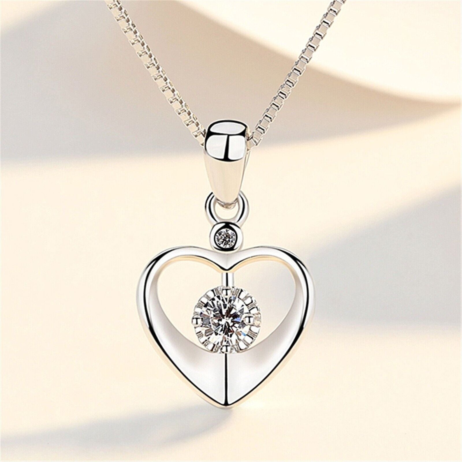 925 Sterling Silver Crystal Love Heart Pendant Necklace Women Jewellery Gift UK