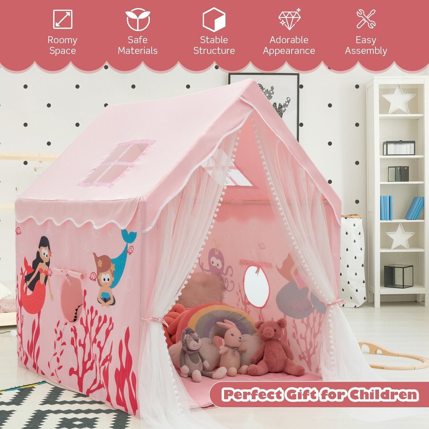 Kids Play Tent with Washable Mat and Windows