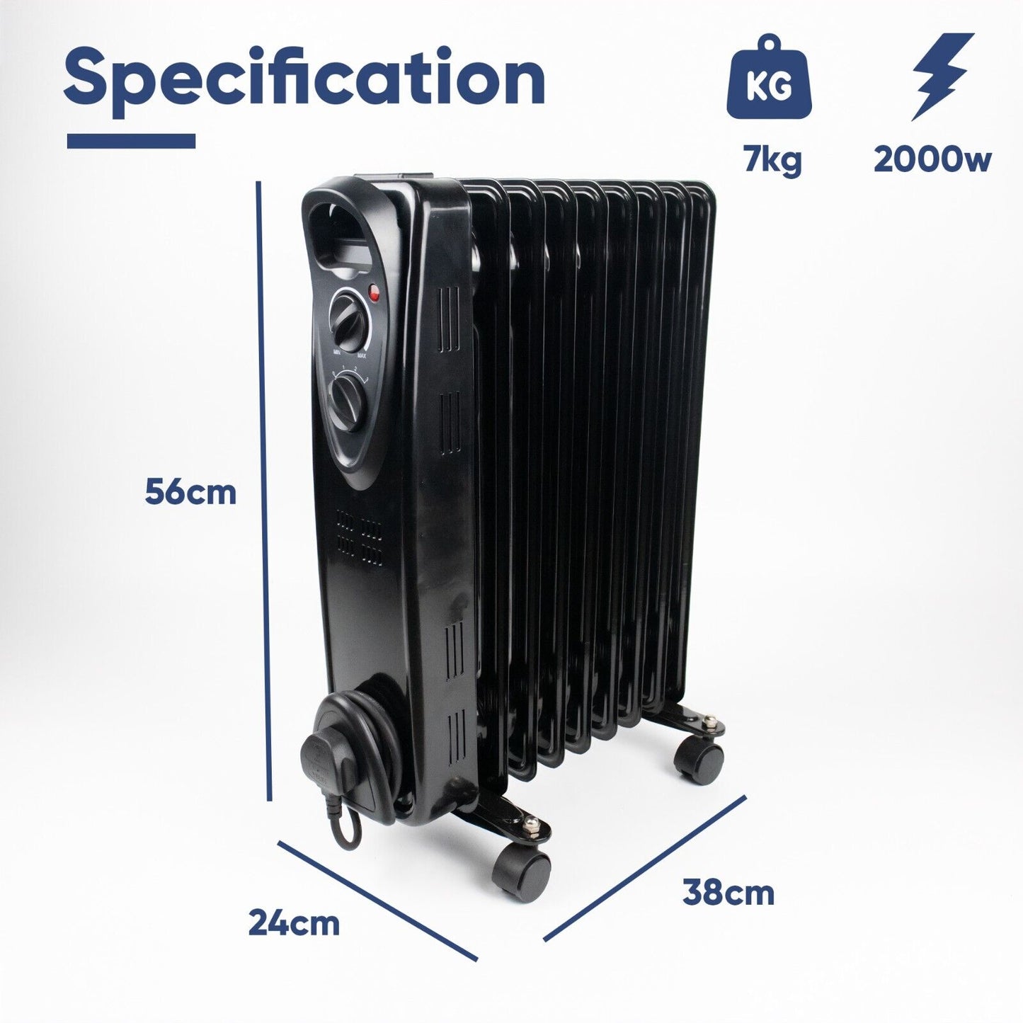 Oil Filled RADIATOR Heater BLACK Portable Electric Oil Heater & Thermostat 2500W