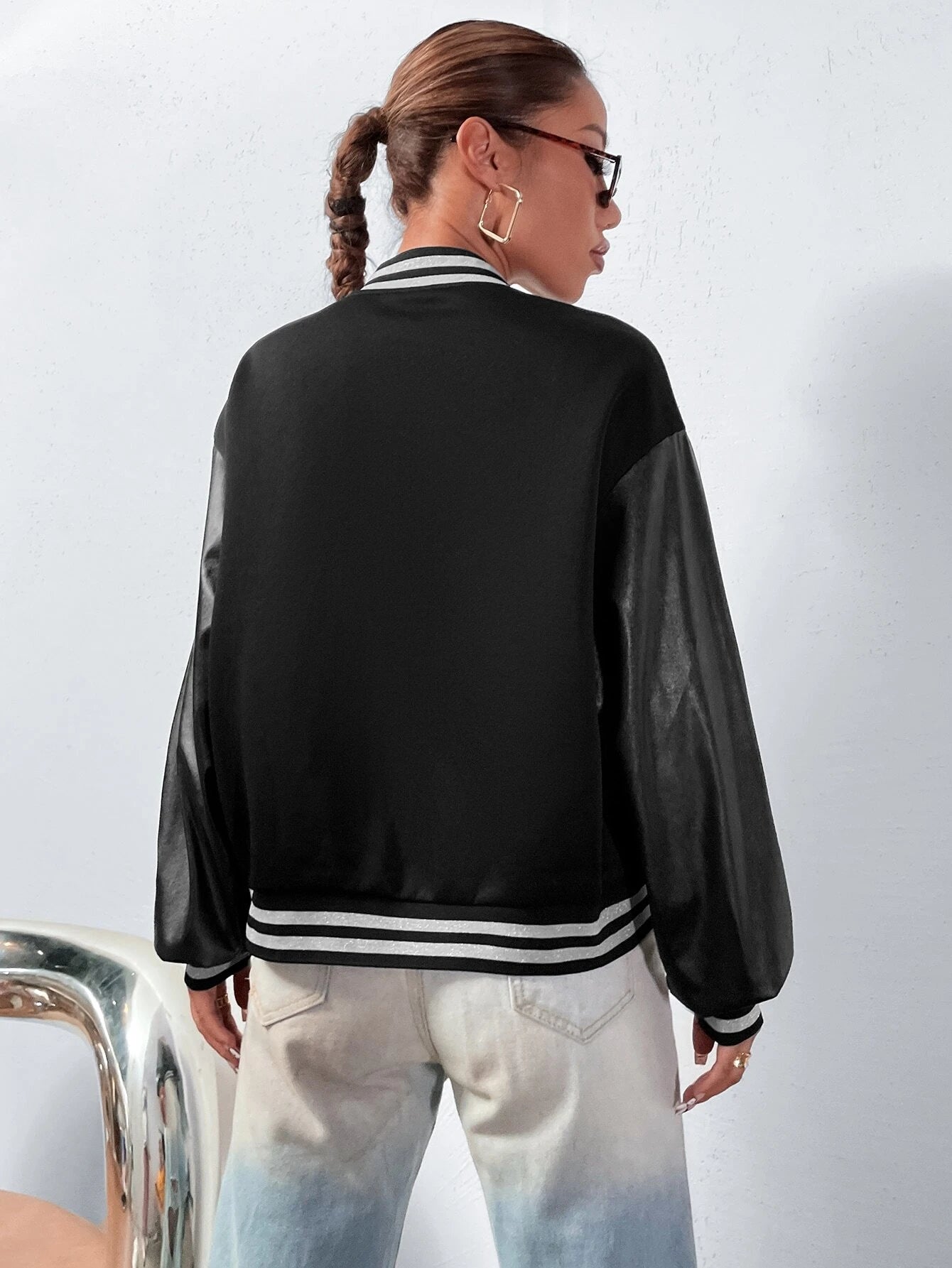 SHEIN Ezwear Letter Patched Striped Trim Drop Shoulder Varsity Jacket