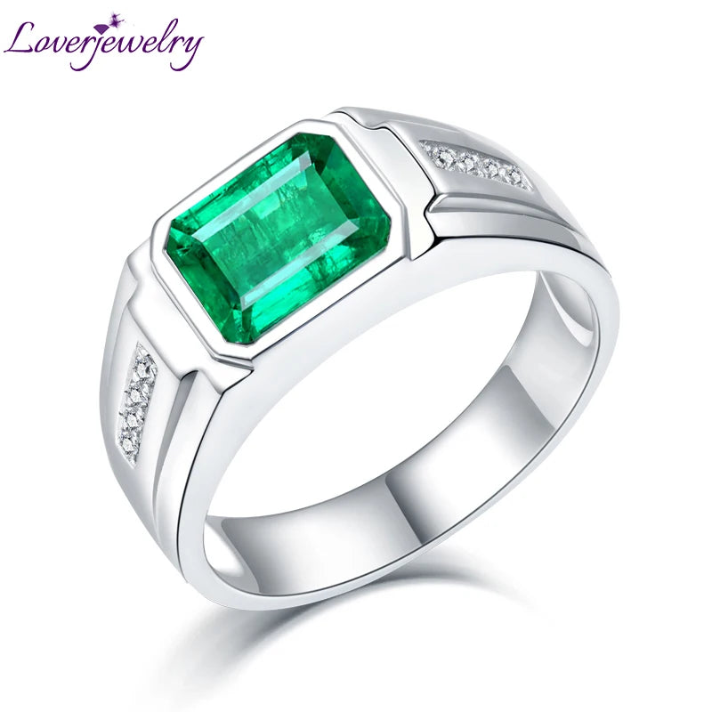 Ring Men Natural Emerald 18Kt Au750 White Gold Male Diamonds Rings for Man Engagement Eternity Husband Ring Gifts