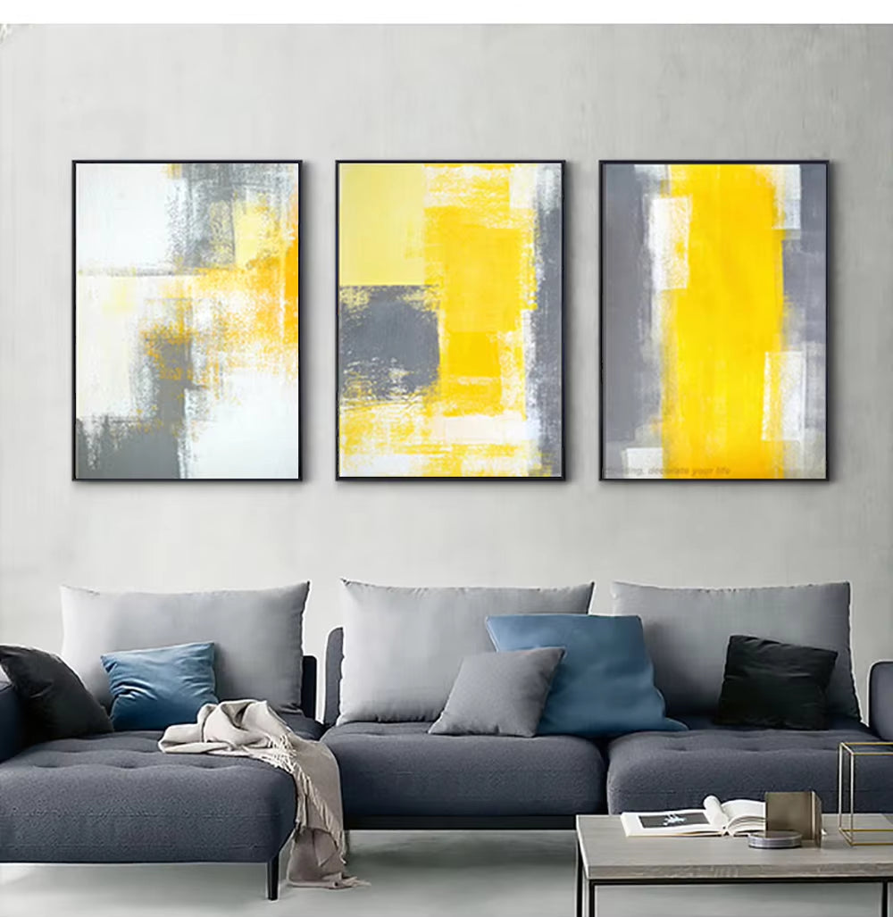 Canvas Pictures for Living Room Handmade Decorative Wall Art Painting Bright Yellow Grey Wall Art Decor Paintings 3 Panel Art