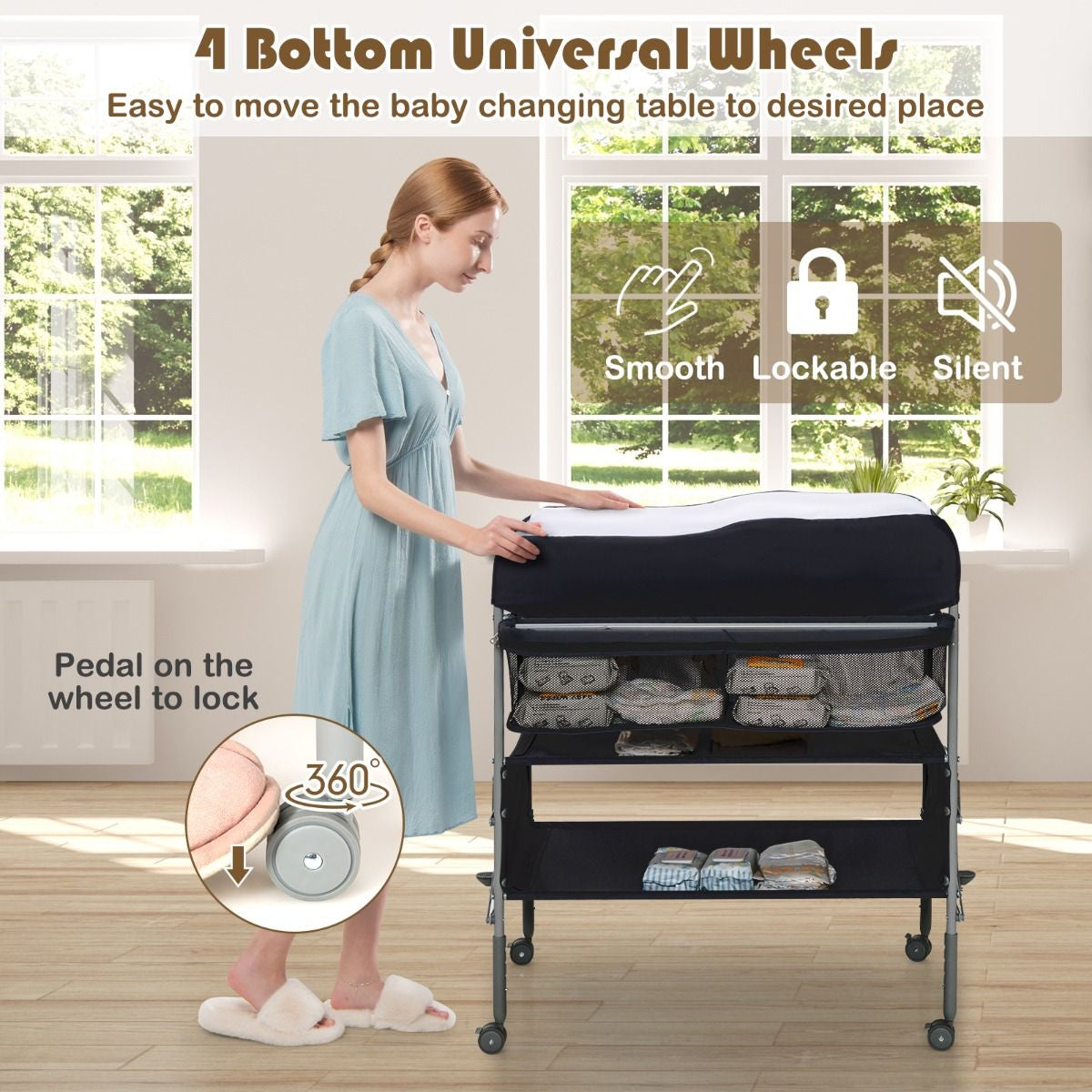 Folding Nursery Changing Table with Lockable Wheels and Storage Basket