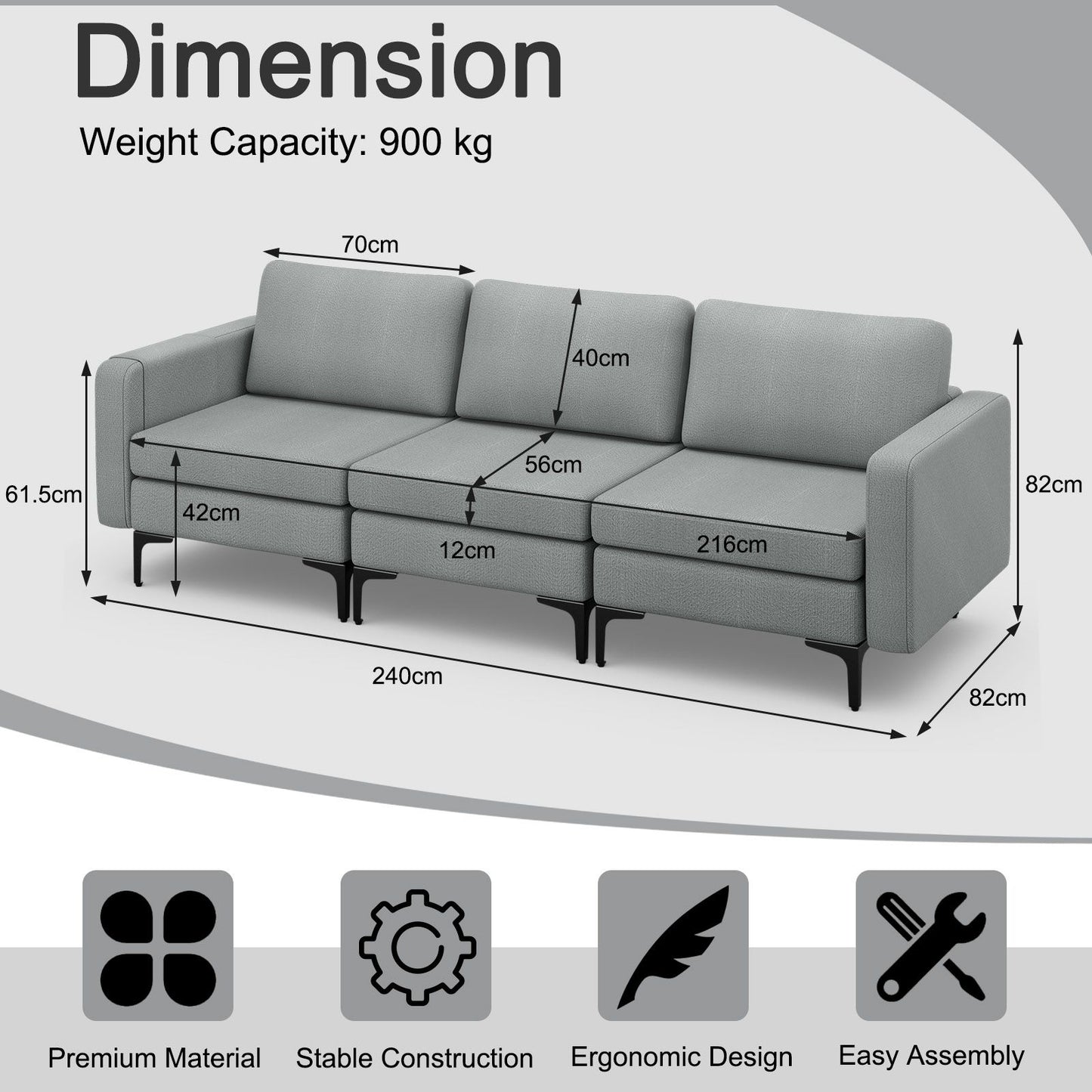 3-Seat Sofa with Magazine Caddy Holder, Socket and USB Charging Ports