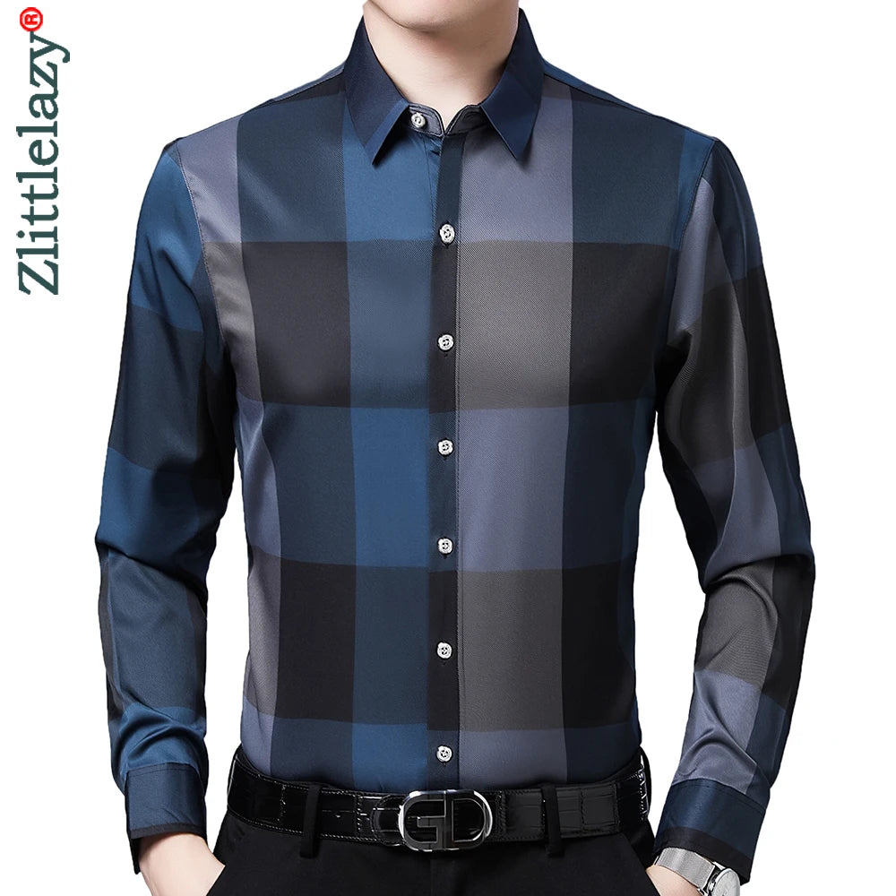 2022 Brand Designer Plaid Mens Shirts for Men Clothing Korean Fashion Long Sleeve Shirt Luxury Dress Casual Clothes Jersey 23603