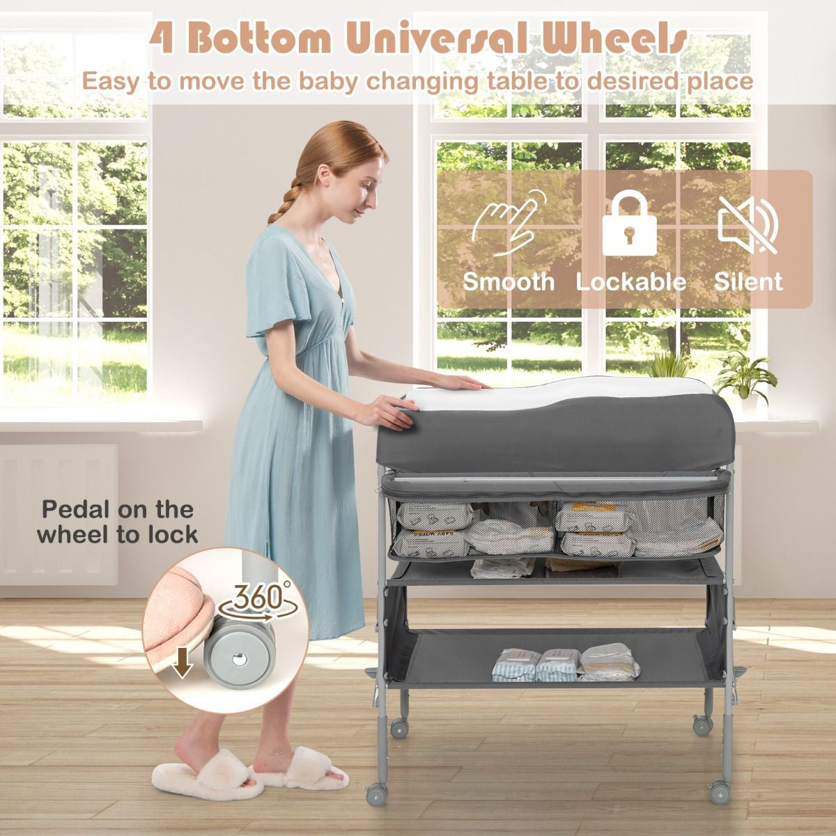 Folding Nursery Changing Table with Lockable Wheels and Storage Basket