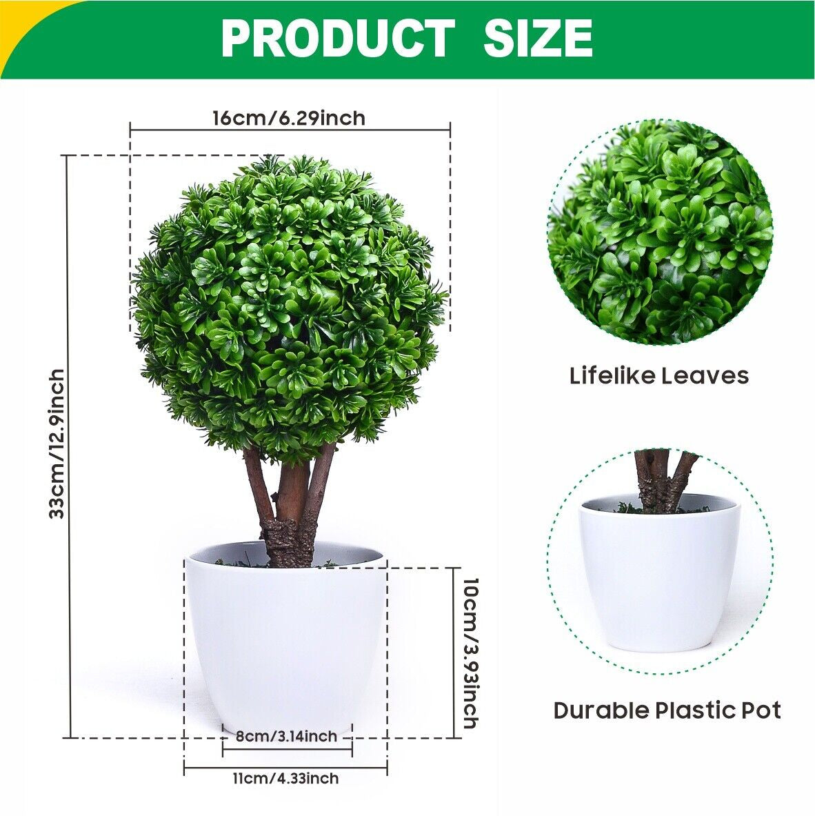 2X Fake Topiary Ball Hedging Plant Pots Evergreen Hardy Shrubs 33Cm in 9Cm