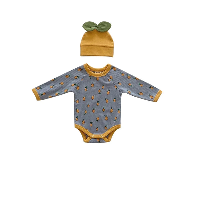 Newborn Baby Clothes Lemon Print Baby Bodysuit Cute Baby Hat Toddler Boys Bodysuit Set Baby Indoor Clothes