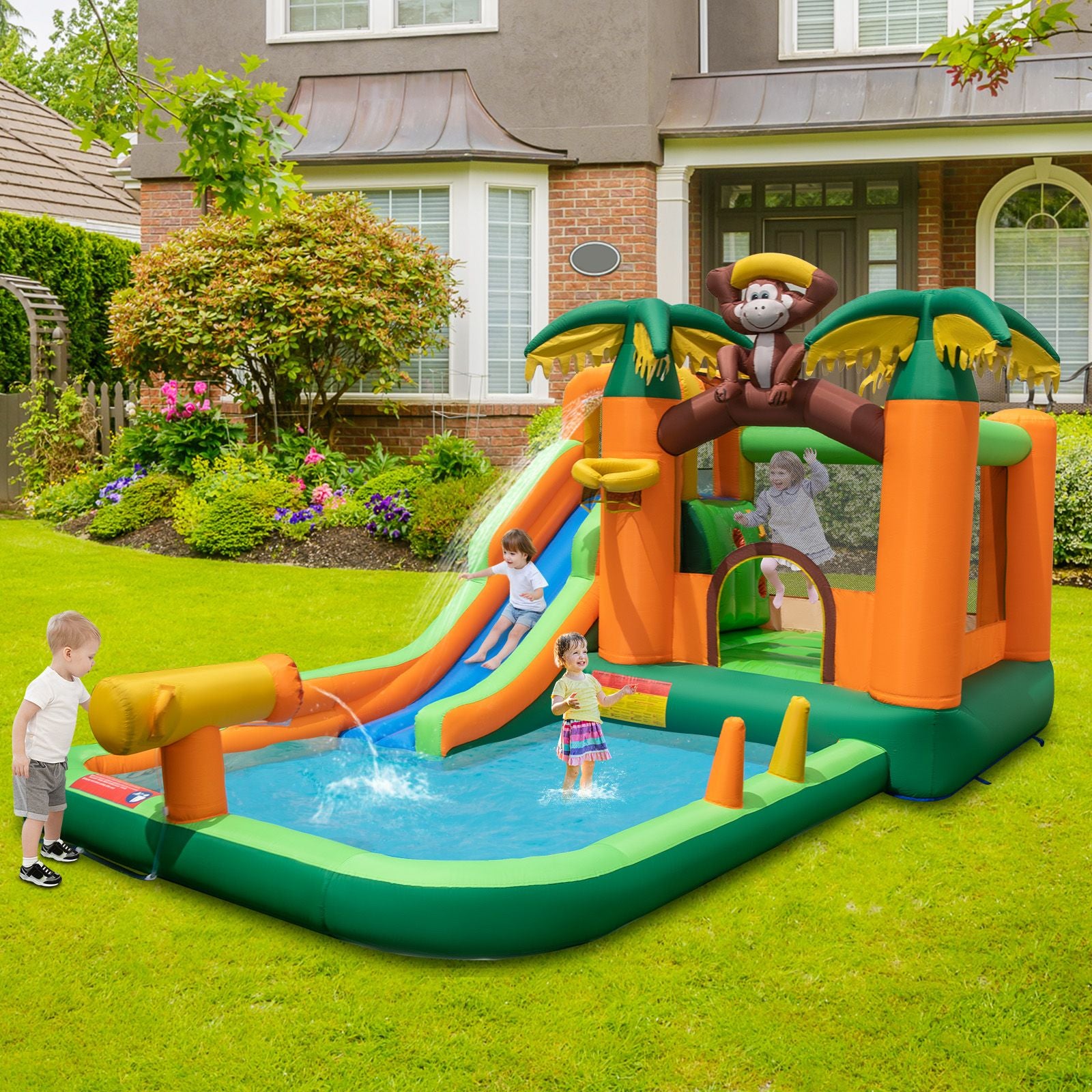 6-In-1 Monkey Themed Inflatable Water Slide Park with Slide and Splash Pool without Blower