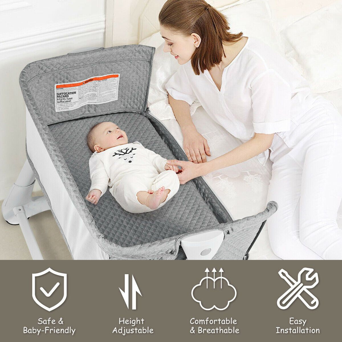 Baby Bedside Cot with Washable Mattress and Breathable Mesh