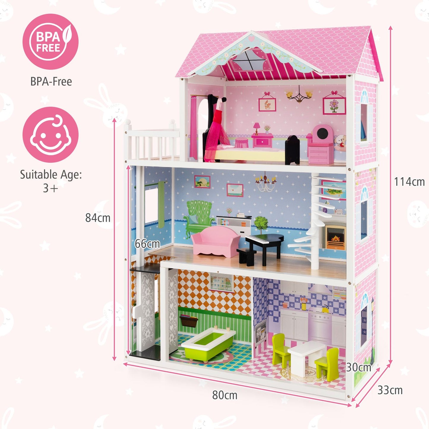 Wooden Dollhouse with Working Elevator and Rotatable Staircase