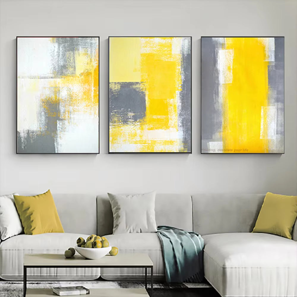 Canvas Pictures for Living Room Handmade Decorative Wall Art Painting Bright Yellow Grey Wall Art Decor Paintings 3 Panel Art