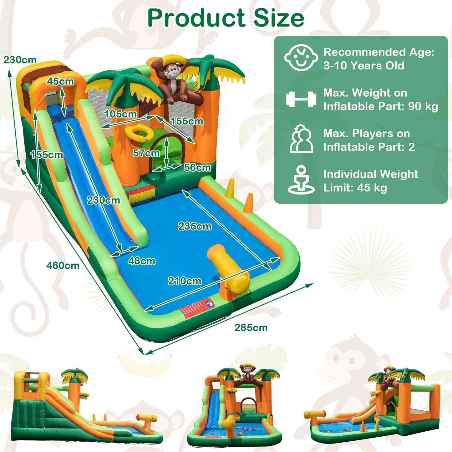 6-In-1 Monkey Themed Inflatable Water Slide Park with Slide and Splash Pool without Blower