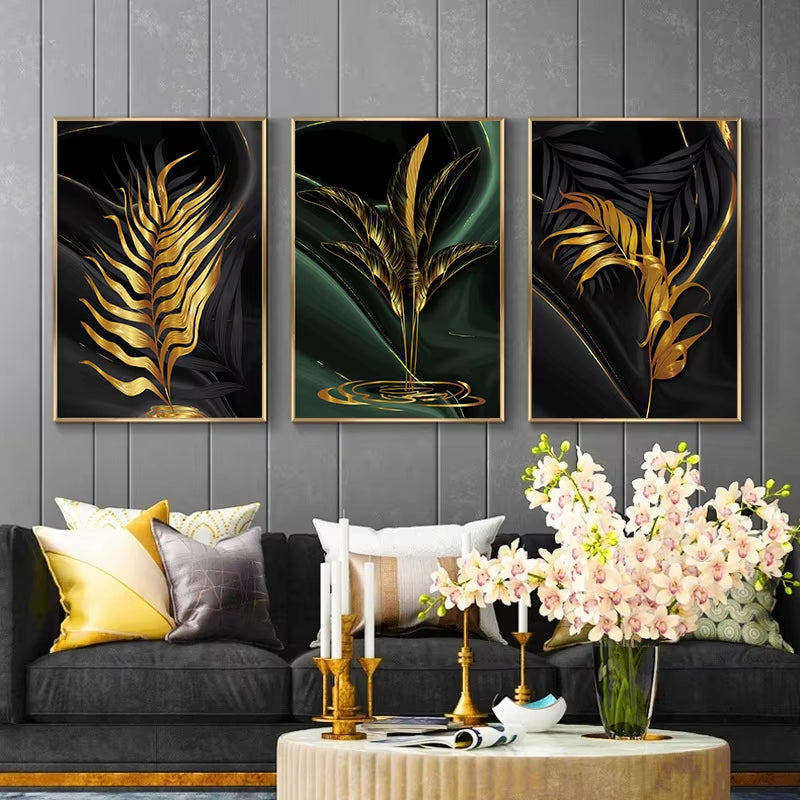 Plant Leaf Luxury Canvas Painting Home Decor Nordic Wall Art Abstract Black Green Wall Backdrop Poster and Print for Living Room