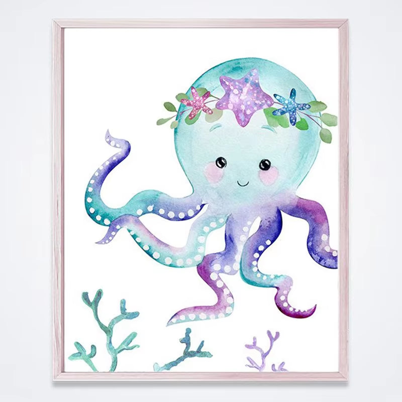 Mermaid Canvas Posters Nursery Wall Art Print Watercolor Sea Animals Starfish Turtle Octopus Painting Girls Room Wall Art Decor