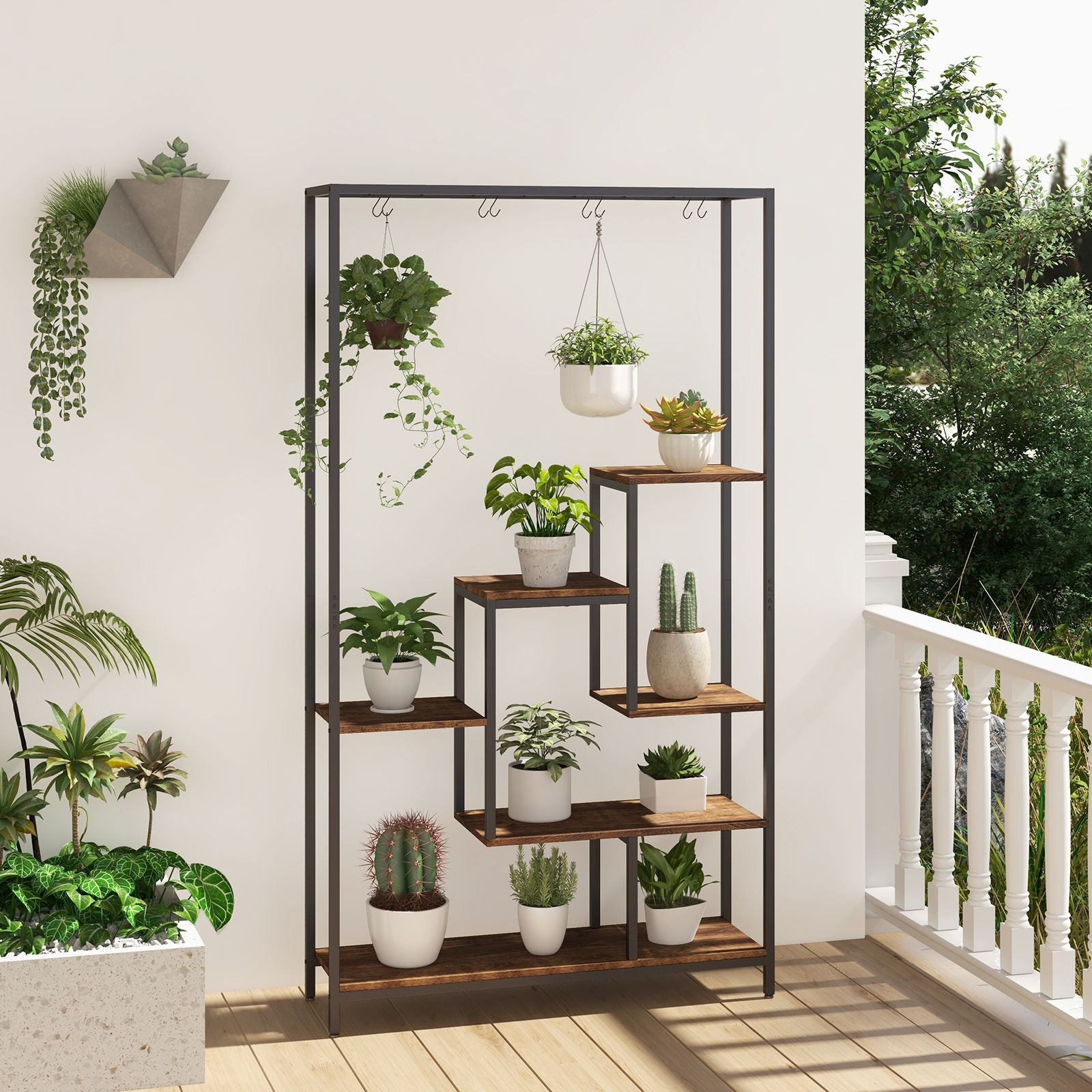 6-Tier Tall Plant Stand with 10 Hanging Hooks and Wire Shelf for Multiple Plants