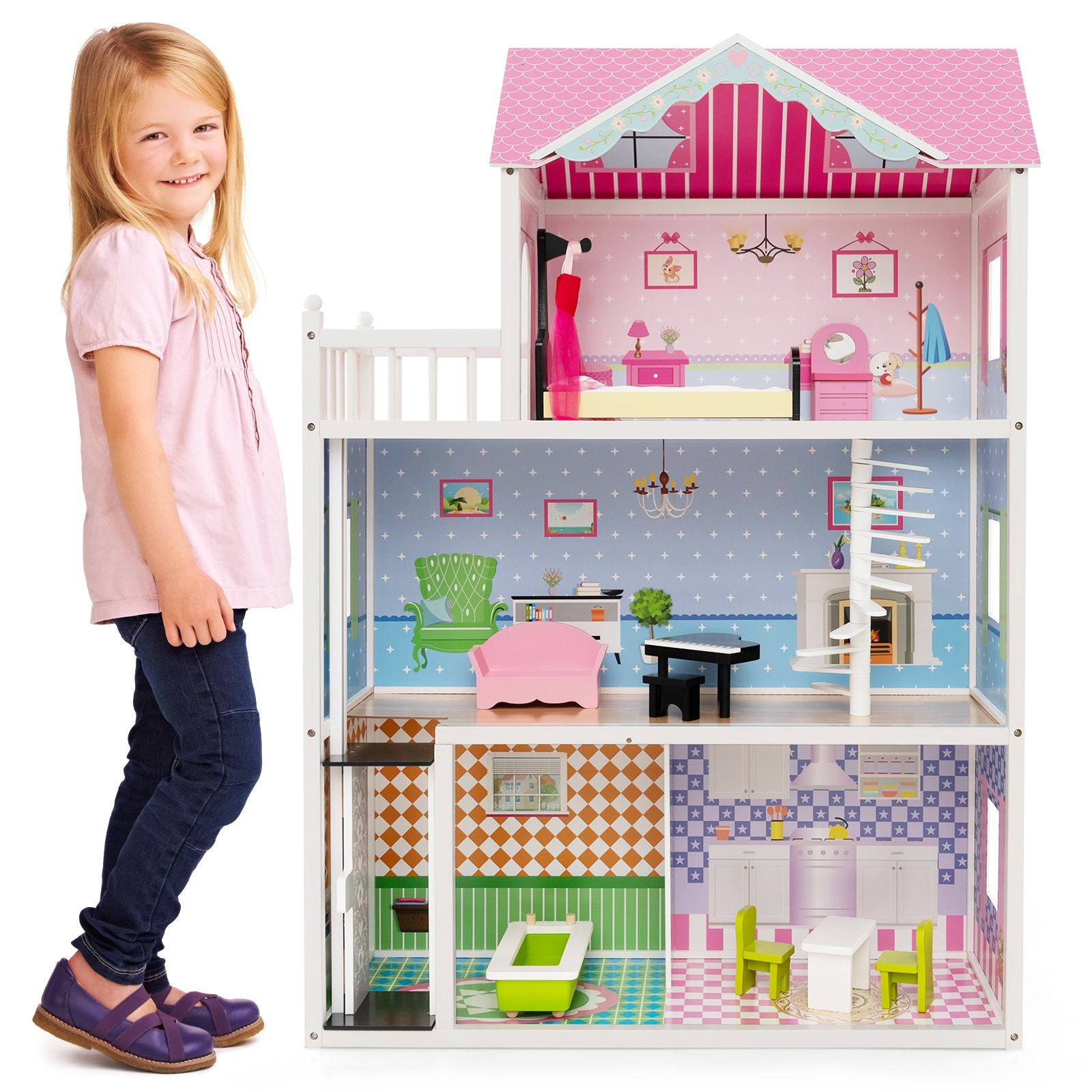 Wooden Dollhouse with Working Elevator and Rotatable Staircase