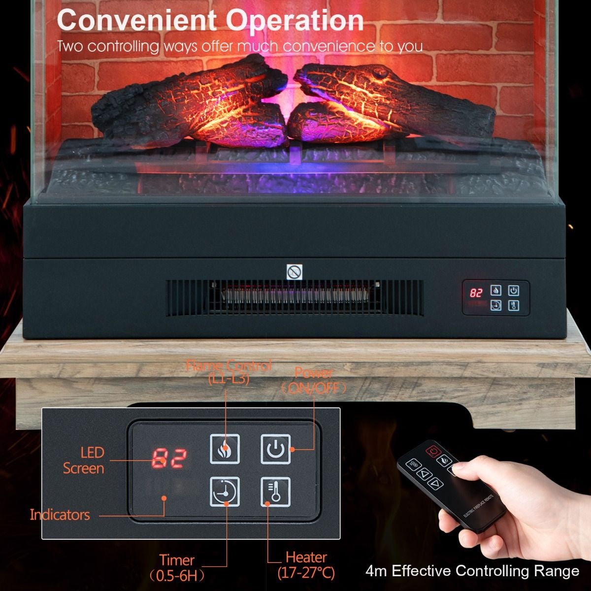 2000W Electric Fireplace Heater with 3-Level Vivid Flame